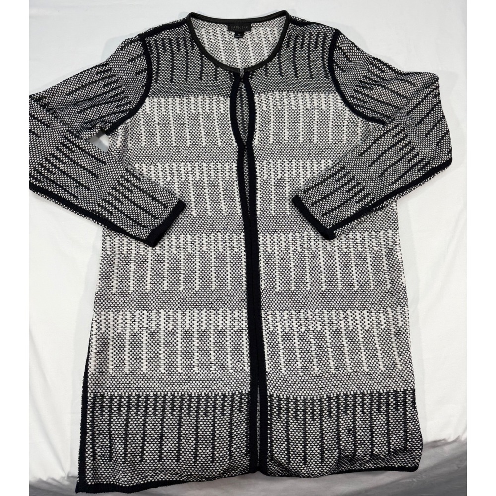 Carlisle Collection Black White Geometric Knit Leather Trim Cardigan Duster M